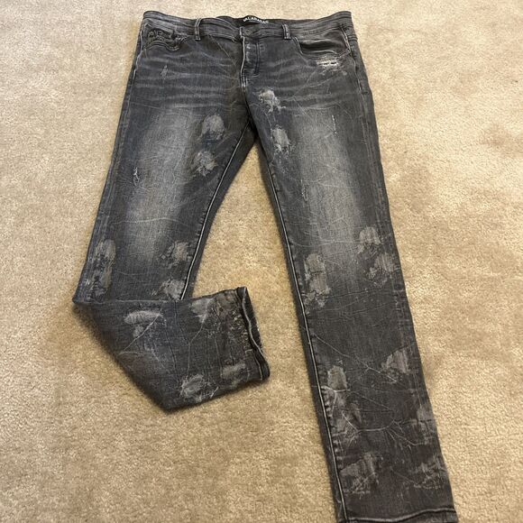 VALABASAS Jeans Men's Button Fly Stretch Skinny Distressed Black Size 38x30 - Picture 9 of 16